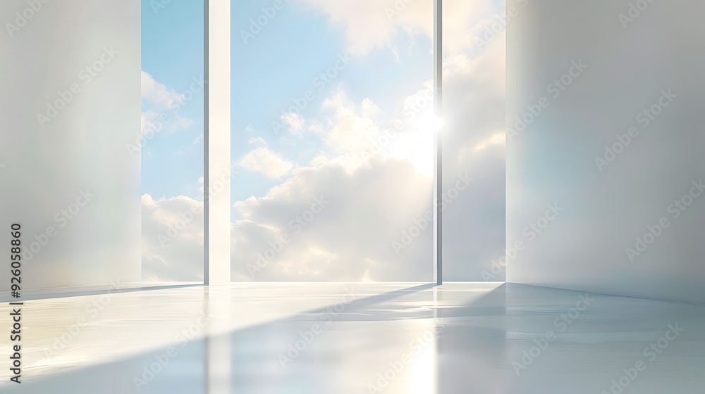 A room with a large window and a sky view of the clouds outside of it and a sun shining through the, sun shining, window view, room with window, A room with a large window and a sky view of the clouds outside of it and a sun shining through the, sun shining, window view, room with window,