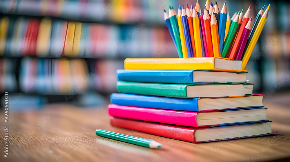 stack of colorful books on wooden table stack of colorful books on wooden table