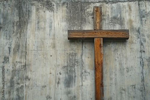 A wooden Christian cross near a concrete wall , ai