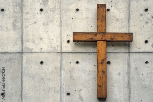 A wooden Christian cross near a concrete wall , ai