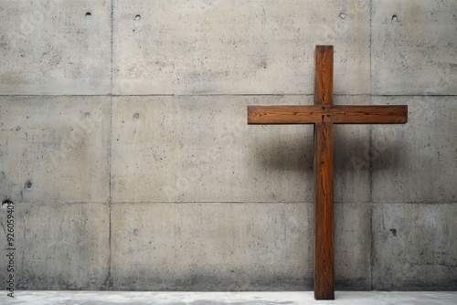 A wooden Christian cross near a concrete wall , ai