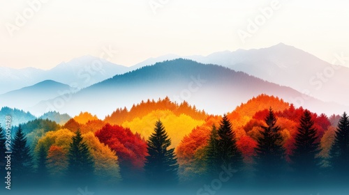 Close-up of layered autumn leaf piles, emphasizing the diverse colors, Double exposure silhouette with a mountain landscape photo