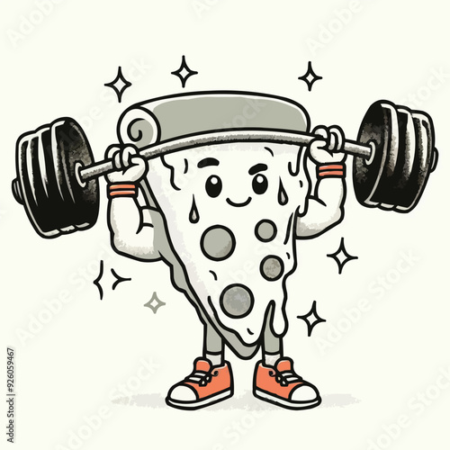 Illustration of a pizza food character mascot doing weightlifting exercises
