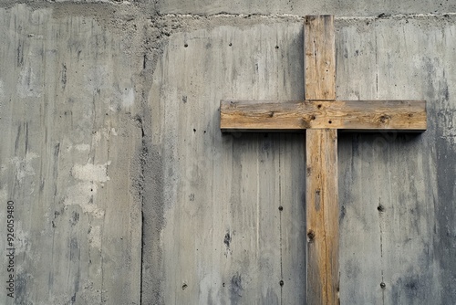 A wooden Christian cross near a concrete wall , ai