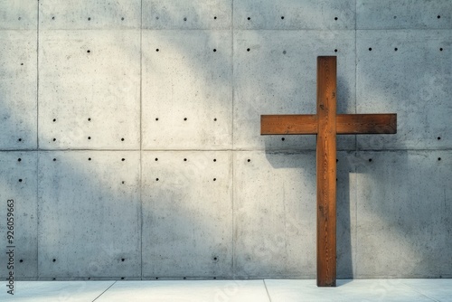 A wooden Christian cross near a concrete wall , ai