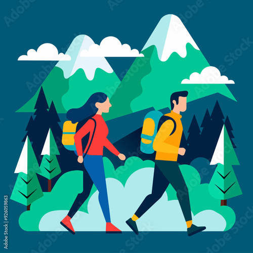 Couple with backpacks walking in the mountains. Vector illustration in flat style