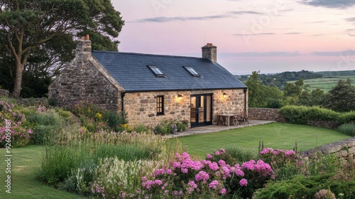 A stone house sitting on top of a hill with pink flowers, AI