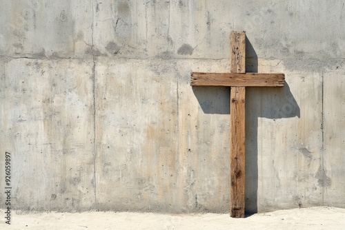 A wooden Christian cross near a concrete wall , ai