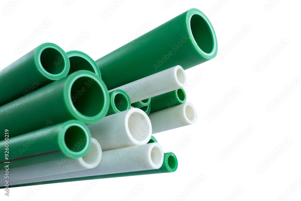 Fototapeta premium Green and white PVC Pipes Picture Ready for Action, Durable PVC Pipes