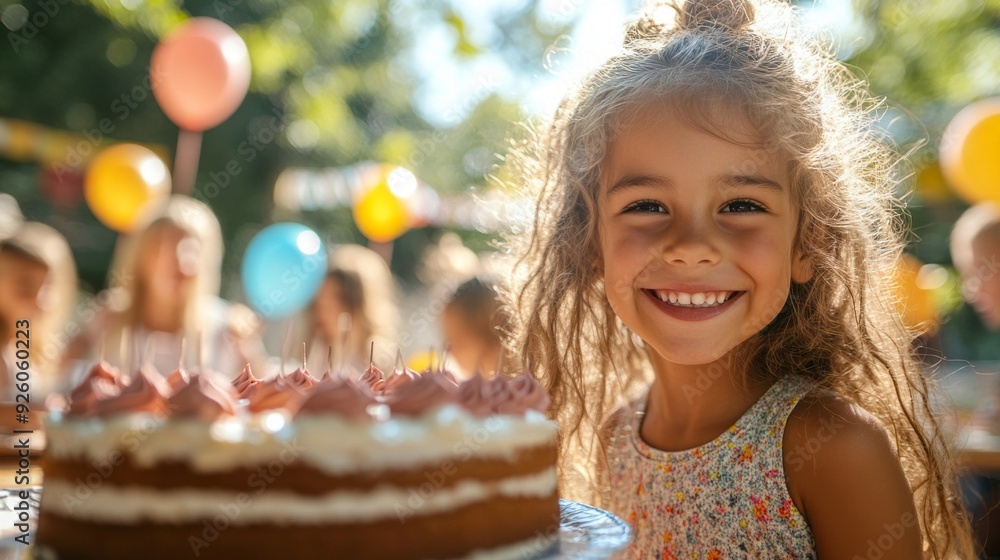 Fototapeta premium A cheerful girl beams with joy beside a beautifully decorated cake, enjoying her birthday celebration with friends on a sunny day