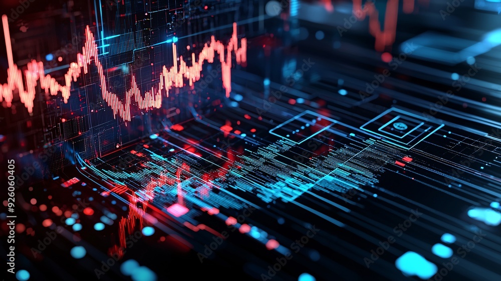 Predictive data analysis, glowing trend lines and graphs, 3D illustration Predictive data analysis, glowing trend lines and graphs, 3D illustration