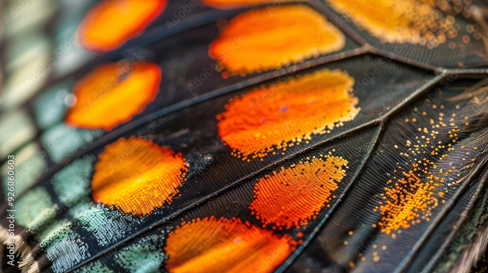 Close-up macro of butterfly wing with intricate patterns and textures Close-up macro of butterfly wing with intricate patterns and textures