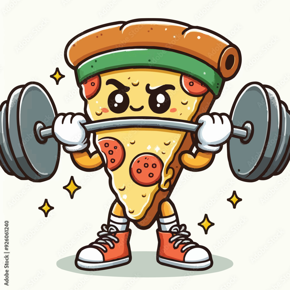 Fototapeta premium Illustration of a pizza food character mascot doing weightlifting exercises