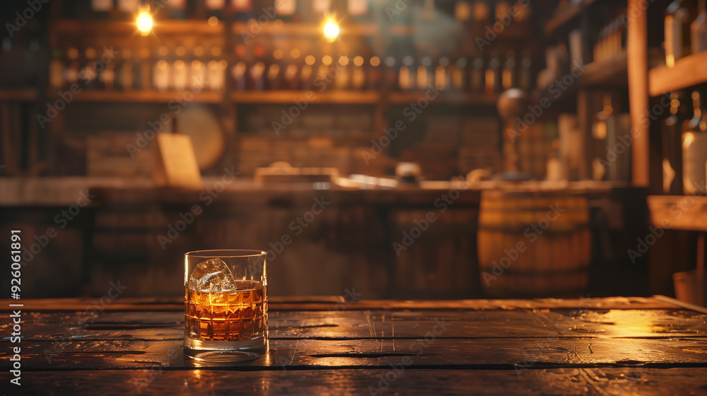 A glass of whiskey sits on a bar counter A glass of whiskey sits on a bar counter