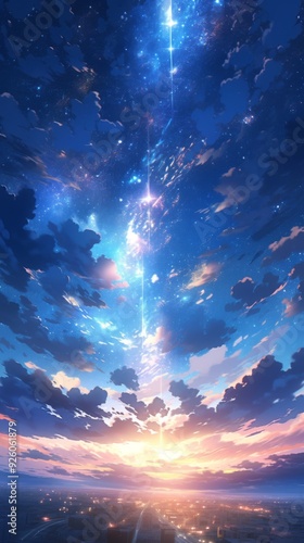 Enchanting Anime-Style Starry Sky Art: A Fantasy Anime Wallpaper Background with Dreamy Skies and Falling Stars, Perfect for Digital Art and 4K Gaming Concept Illustrations,anime style