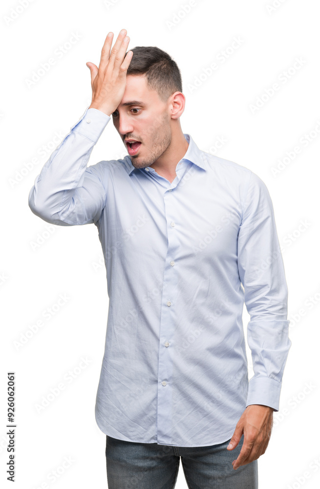 Handsome young businessman surprised with hand on head for mistake, remember error. Forgot, bad memory concept. Handsome young businessman surprised with hand on head for mistake, remember error. Forgot, bad memory concept.