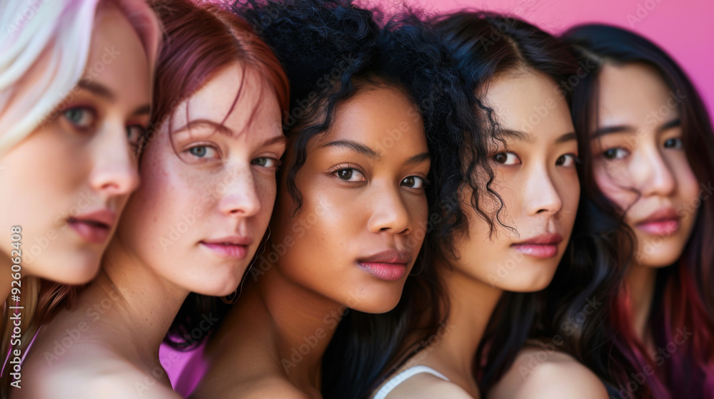 Obraz premium Portrait of a group of young multiracial women on a pink background. Beautiful models posing indoors. Beauty, fashion concept.