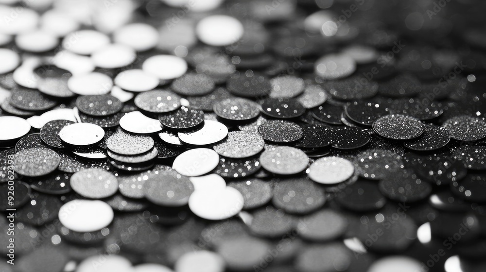 Black and white photo of sequins. This image can be used for backgrounds, website design, or social media posts. Black and white photo of sequins. This image can be used for backgrounds, website design, or social media posts.