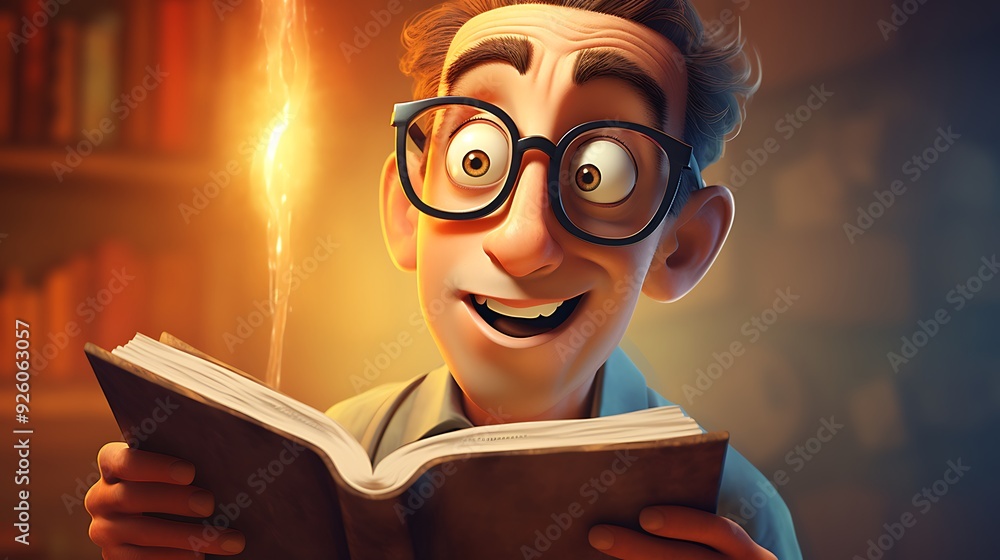Cartoon character with glasses reading a book Cartoon character with glasses reading a book
