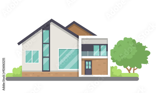 Illustration of a modern house featuring large windows, a garden, and clean architectural lines. The house is set against a white background. Concept of residential architecture. Vector illustration