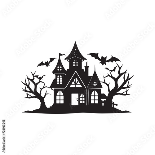 black flat halloween house silhouette vector, white background photo