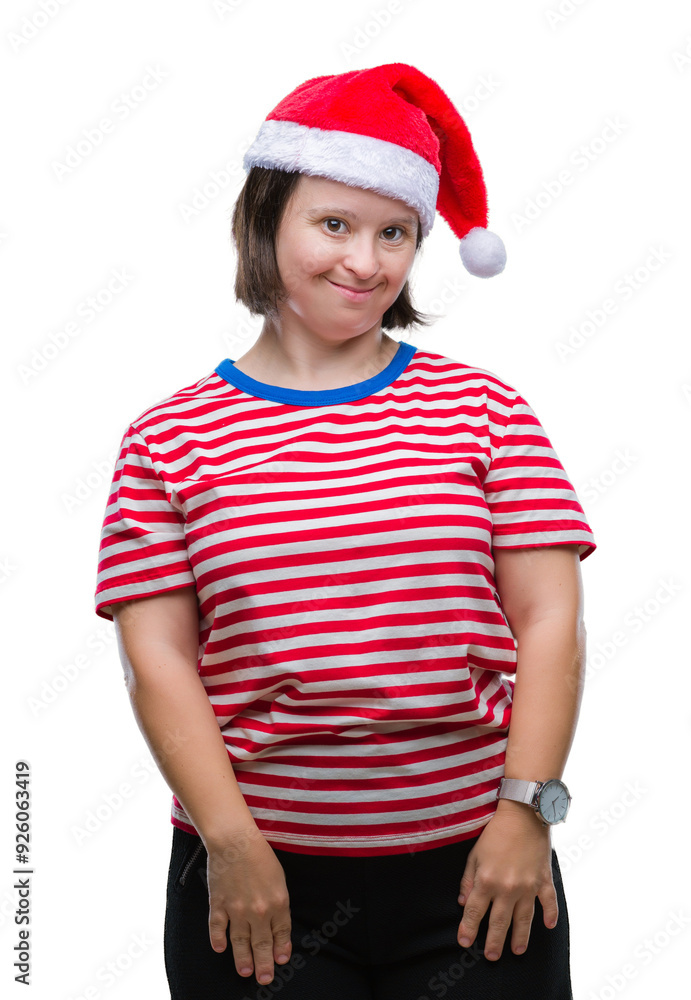 Young adult woman with down syndrome wearing christmas hat over isolated background with a happy and cool smile on face. Lucky person. Young adult woman with down syndrome wearing christmas hat over isolated background with a happy and cool smile on face. Lucky person.
