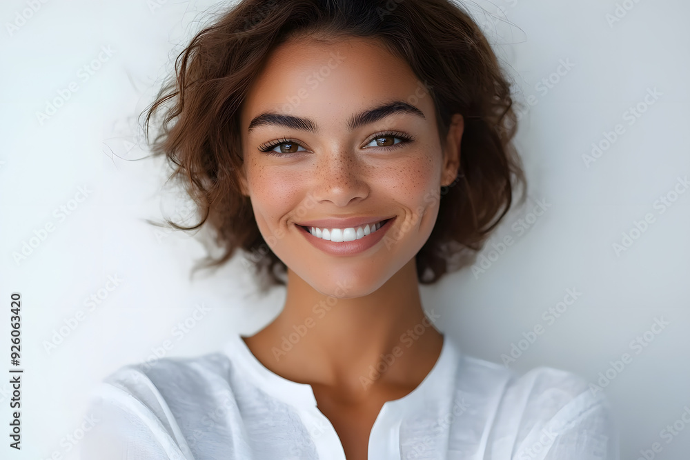 Portrait of young happy woman looks in camera. Skin care beauty, skincare cosmetics, dental concept isolated over white background. Portrait of young happy woman looks in camera. Skin care beauty, skincare cosmetics, dental concept isolated over white background.