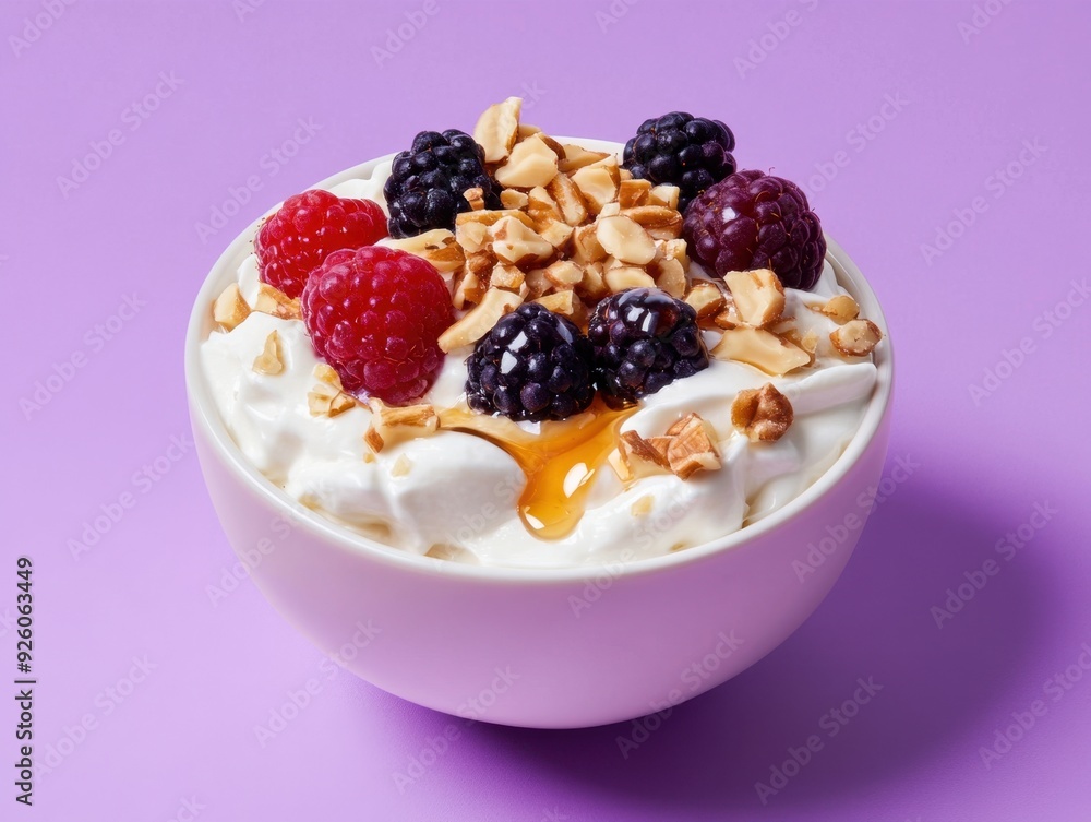 A bowl of yogurt topped with berries, nuts, and honey on a purple background. A bowl of yogurt topped with berries, nuts, and honey on a purple background.