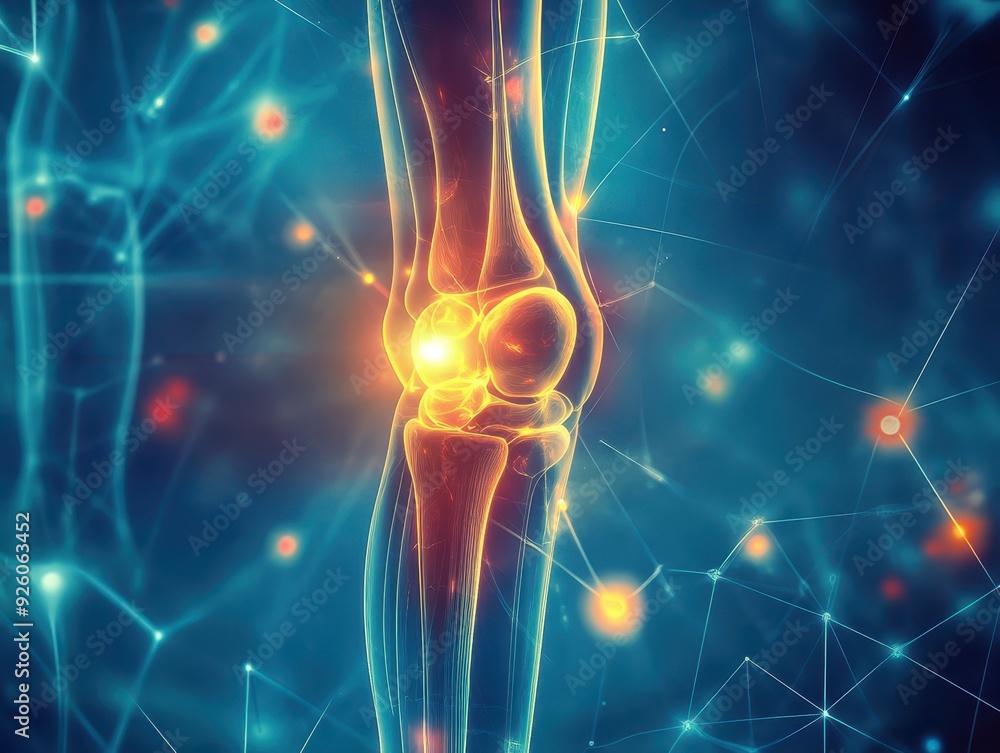 Artistic illustration of knee joint surrounded by supportive elements, abstract medical concept, knee pain and care visualization Artistic illustration of knee joint surrounded by supportive elements, abstract medical concept, knee pain and care visualization