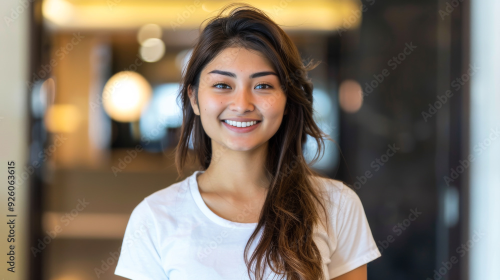 Young Asian woman in a white T-shirt standing in the corridor of a modern hotel. Young Asian woman in a white T-shirt standing in the corridor of a modern hotel.