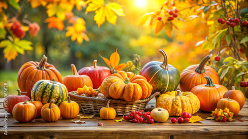 Autumn Harvest Display with Colorful Pumpkins and Seasonal Fruits on a Wooden Table. Warm and Vibrant Autumn Scene for Thanksgiving and Fall Celebrations