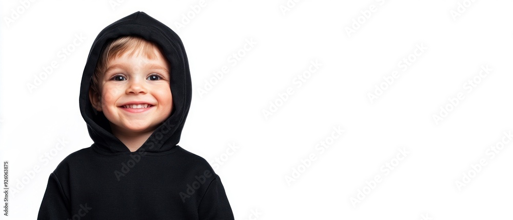 Cute Little Boy in Black Hoodie Smiling on White Background Cute Little Boy in Black Hoodie Smiling on White Background