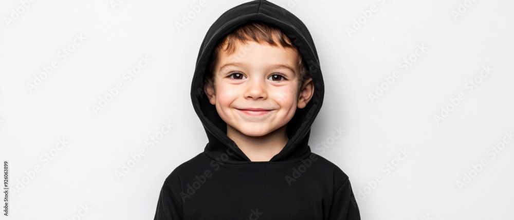 Cute Little Boy in Black Hoodie Smiling on White Background Cute Little Boy in Black Hoodie Smiling on White Background
