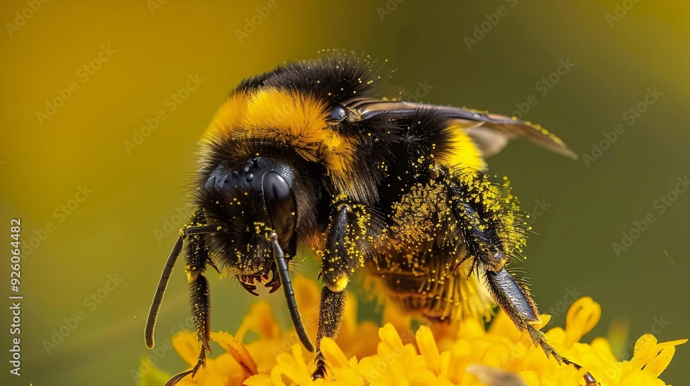 Detailed shot of bumblebee fuzzy body and pollen-covered legs Detailed shot of bumblebee fuzzy body and pollen-covered legs