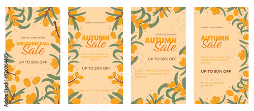 Sea Buckthorn Fall Sale Advertisement Social Media Stories, incorporating autumnal designs with orange berries and green leaves on an understated beige background. The minimalist and refined design
