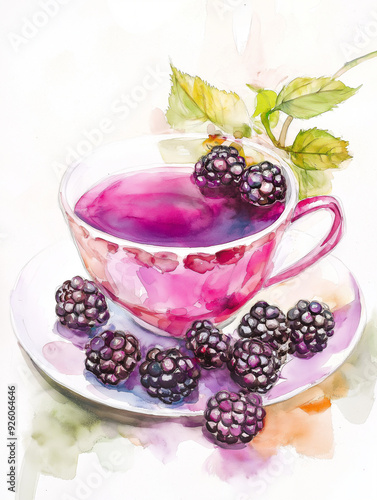 Watercolor Blackberry tea with blackberries illustration, isolated on white background, refreshing Drink