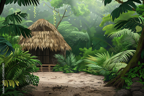 Fototapeta Naklejka Na Ścianę i Meble -  Tropical hut surrounded by lush vegetation in the jungle