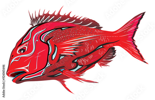 凜々しい深紅のマダイ魚体に歌舞伎隈取化粧を施した日本的イラストレーション（白背景）