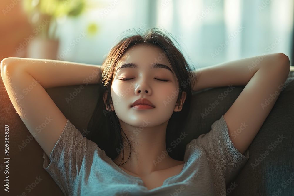 Young Asian woman unwinding on a home sofa, eyes closed and hands behind her head, dressed in casual attire, in a softly lit living room, portrayed in a hyper-realistic photorealistic style. Young Asian woman unwinding on a home sofa, eyes closed and hands behind her head, dressed in casual attire, in a softly lit living room, portrayed in a hyper-realistic photorealistic style.