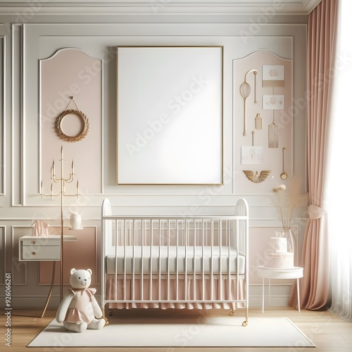 White Crib with Pink Ruffled Skirt in a Elegant Nursery Room