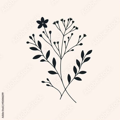 Minimal feminine botanical floral branch in silhouette style Hand drawn wedding herb, minimalistic flowers with elegant leaves Botanical rustic trendy greenery 
