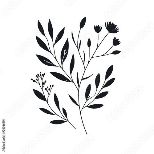 Minimal feminine botanical floral branch in silhouette style Hand drawn wedding herb, minimalistic flowers with elegant leaves Botanical rustic trendy greenery 