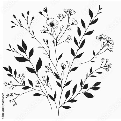 Minimal feminine botanical floral branch in silhouette style Hand drawn wedding herb, minimalistic flowers with elegant leaves Botanical rustic trendy greenery 