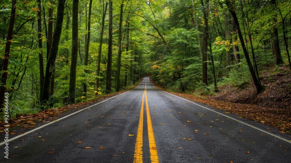 Obraz premium Endless road of travel on rural highways There are natural trees on both sides of the road.