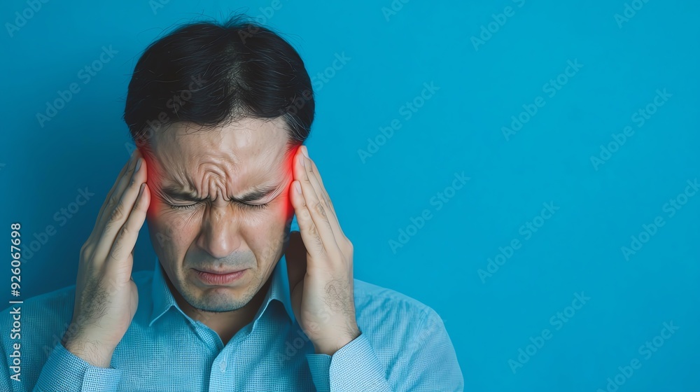 Detailed view of a person pressing their temple, emphasizing dull headache pain and hurt, chronic stress Detailed view of a person pressing their temple, emphasizing dull headache pain and hurt, chronic stress