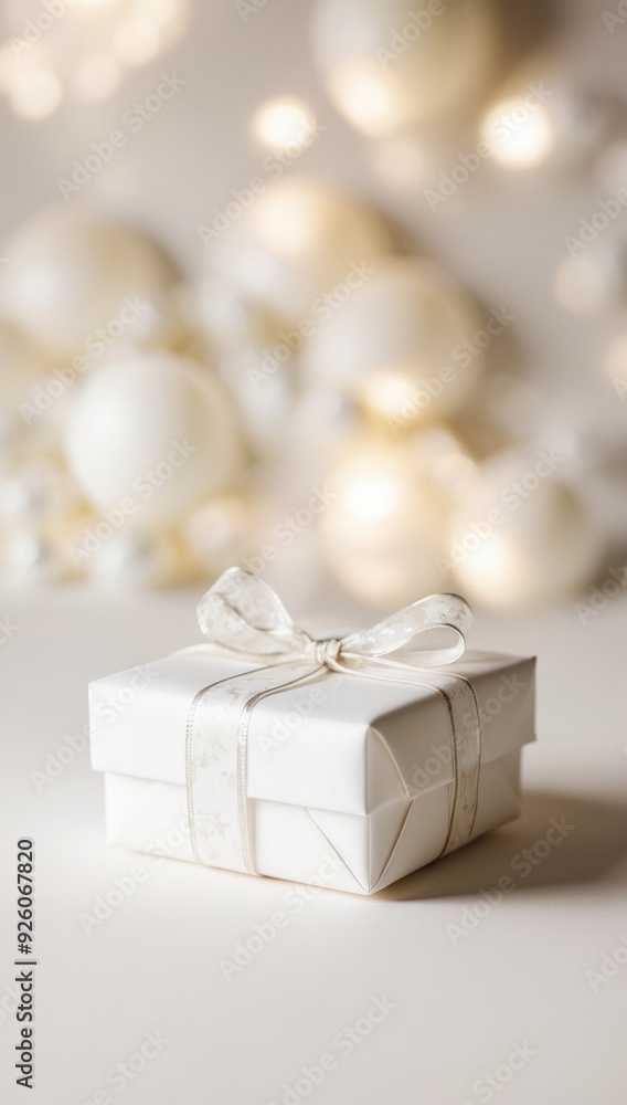 Luxury white gift box with white ribbon against bokeh background, Wedding day, Valentine's Day, Holidays gifts concept, anniversary, birthday. Copy space template backdrop Luxury white gift box with white ribbon against bokeh background, Wedding day, Valentine's Day, Holidays gifts concept, anniversary, birthday. Copy space template backdrop