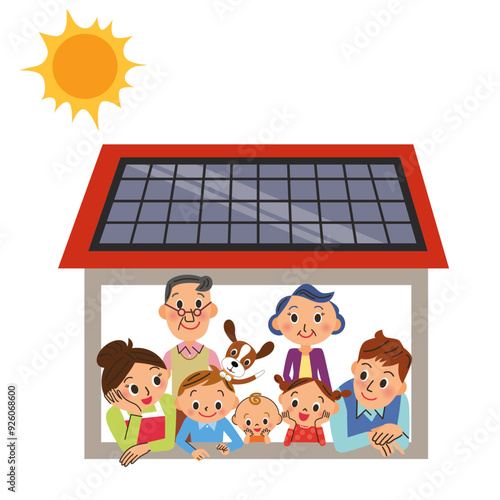 屋根に太陽光がのっている家に住む三世代家族