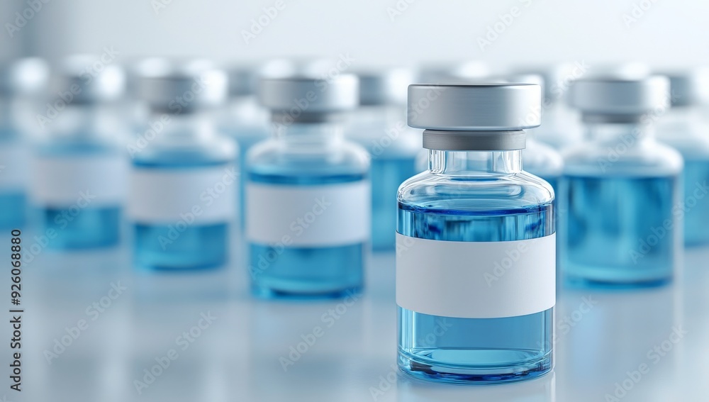 Close-Up of Vaccine Vials with Blue Liquid in Clinical Laboratory Setting Close-Up of Vaccine Vials with Blue Liquid in Clinical Laboratory Setting