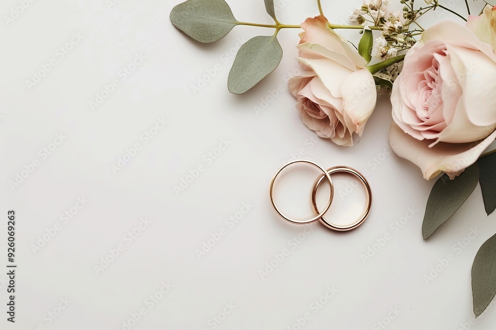 Beautiful white wedding background adorned with rings and flowers perfect for invitations Beautiful white wedding background adorned with rings and flowers perfect for invitations