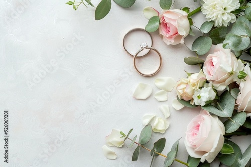 Beautiful white wedding background adorned with rings and flowers perfect for invitations